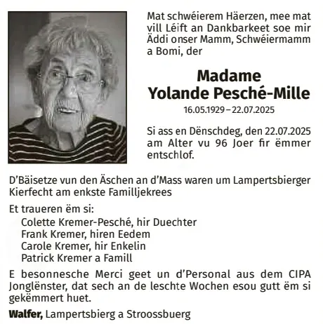 Traueranzeige für Yolande Pesché-Mille