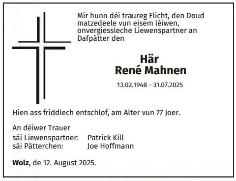 Traueranzeige für René Mahnen