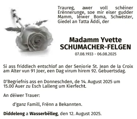 Traueranzeige für Yvette Schumacher-Felgen