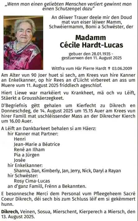Traueranzeige für Cécile Hardt-Lucas