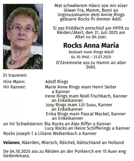 Traueranzeige für Anna Maria Rocks
