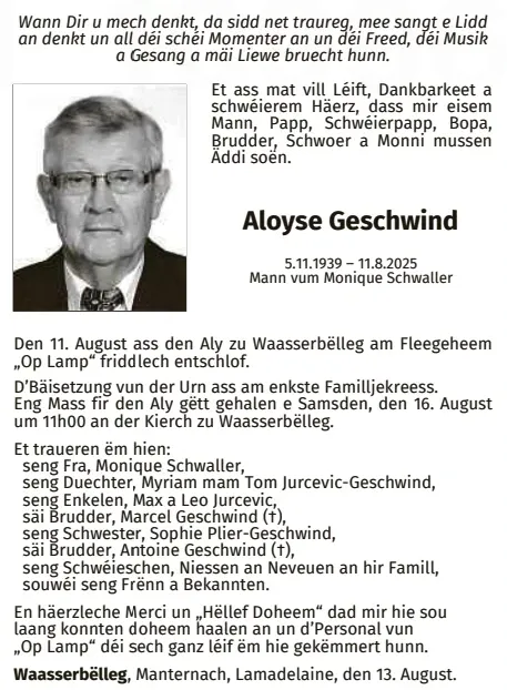 Traueranzeige für Aloyse Geschwind