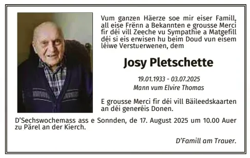Traueranzeige für Josy Pletschette