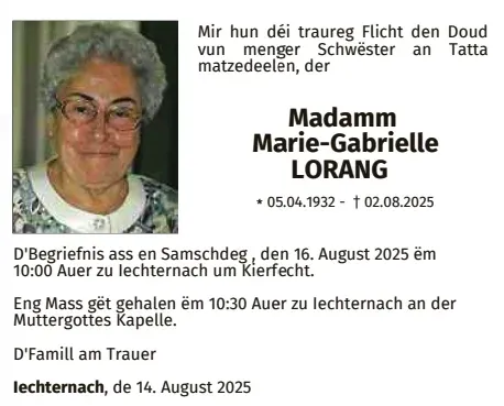 Traueranzeige für Marie-Gabrielle Lorang
