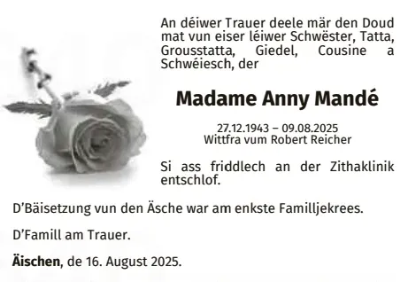 Traueranzeige für Anny Mandé