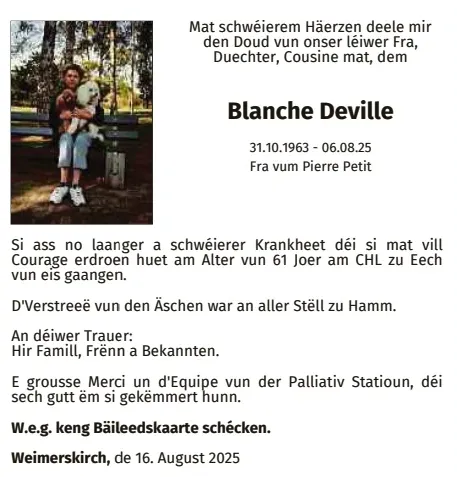 Traueranzeige für Blanche Deville