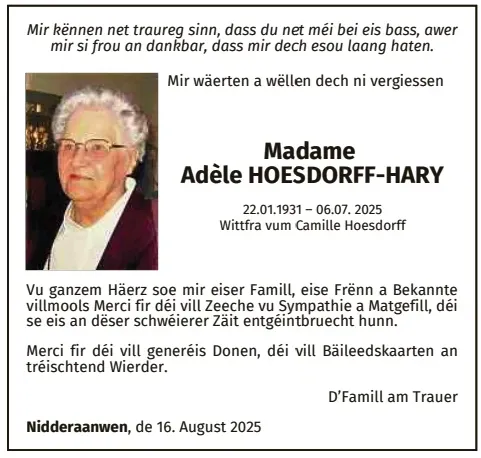 Traueranzeige für Adèle Hoesdorff- Hary