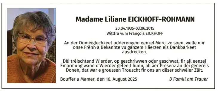 Traueranzeige für Liliane Eickhoff-Rohmann