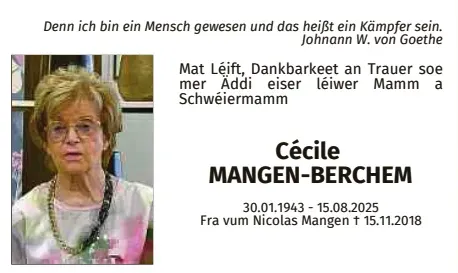 Traueranzeige für Cécile Mangen-Berchem