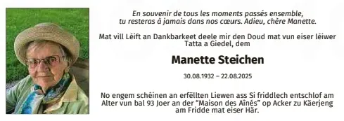 Traueranzeige für Manette Steichen
