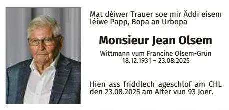 Traueranzeige für Jean Olsem
