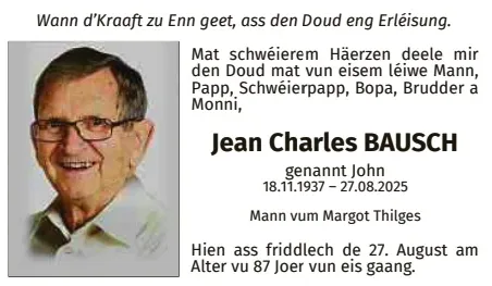 Traueranzeige für Jean Charles Bausch