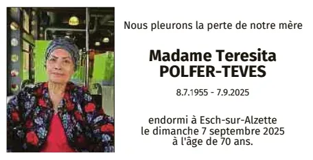 Traueranzeige für Teresita Polfer-Teves