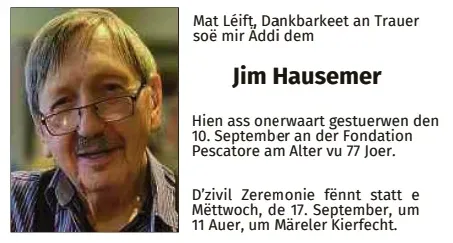 Traueranzeige für Jim Hausemer