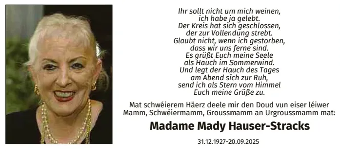 Traueranzeige für Mady Hauser-Stracks