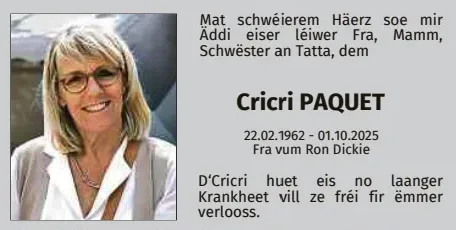 Traueranzeige für Cricri Paquet