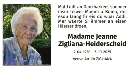 Traueranzeige für Jeanne Zigliana-Heiderscheid