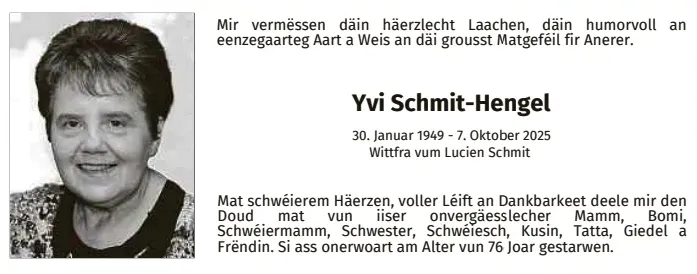 Traueranzeige für Yvi Schmit-Hengel