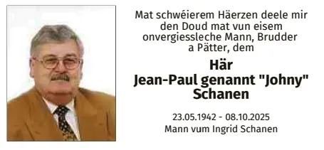 Traueranzeige für Jean-Paul Schanen