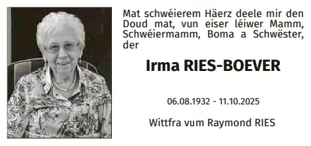 Traueranzeige für Irma Ries-Boever