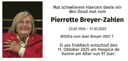 Traueranzeige für Pierrette Breyer-Zahlen