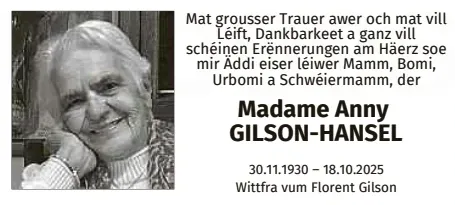 Traueranzeige für Anny Gilson-Hansel
