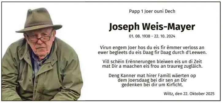 Traueranzeige für Joseph Weis-Mayer