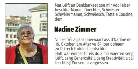 Traueranzeige für Nadine Zimmer