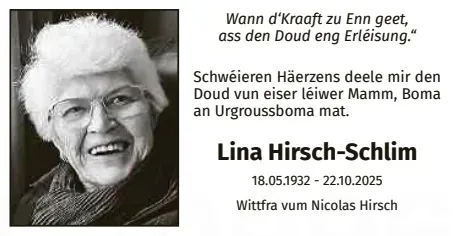 Traueranzeige für Lina Hirsch-Schlim
