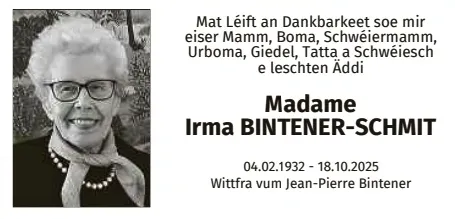Traueranzeige für Irma Bintener-Schmit