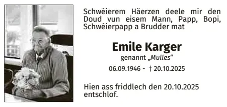Traueranzeige für Emile Karger
