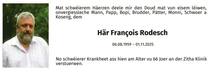 Traueranzeige für François Rodesch