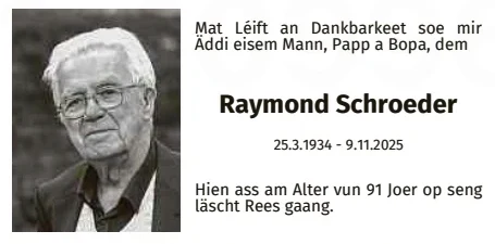 Traueranzeige für Raymond Schroeder