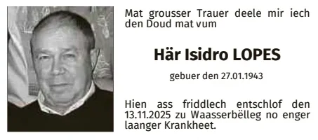 Traueranzeige für Isidro Lopes