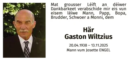 Traueranzeige für Gaston Wiltzius