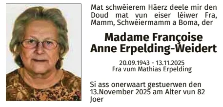 Traueranzeige für Françoise Anne Erpelding Weidert