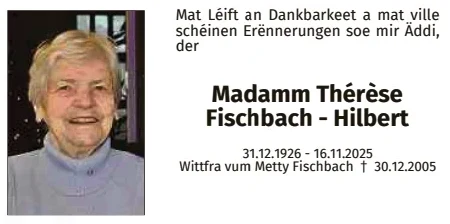 Traueranzeige für Thérèse Fischbach Hilbert