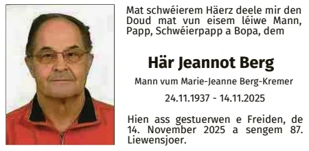Traueranzeige für Jeannot Berg