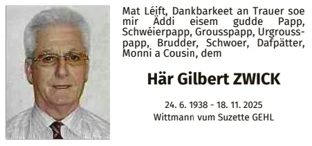 Traueranzeige für Gilbert Zwick