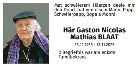 Traueranzeige für Gaston Nicolas Mathias Blaat