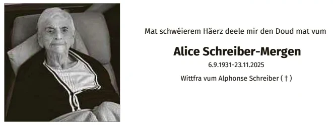 Traueranzeige für Alice Schreiber-Mergen