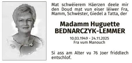 Traueranzeige für Huguette Bednarczyk Lemmer