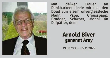 Traueranzeige für Arnold Biver