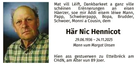 Traueranzeige für Nic Hennicot