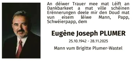 Traueranzeige für Eugène Joseph Plumer