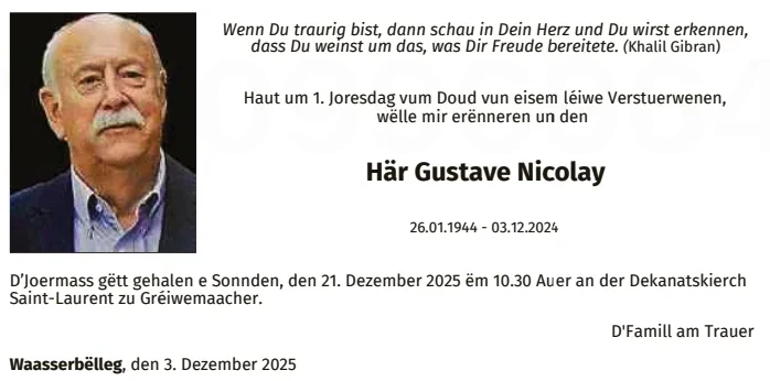 Traueranzeige für Gustave Nicolay