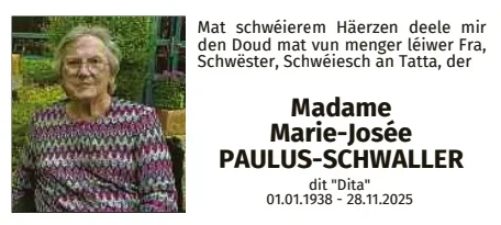 Traueranzeige für Marie-Josée Paulus-Schwaller