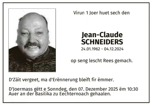 Traueranzeige für Jean-Claude Schneiders