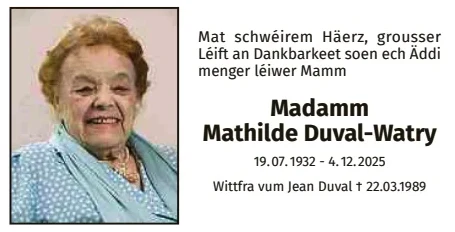 Traueranzeige für Mathilde Duval-Watry