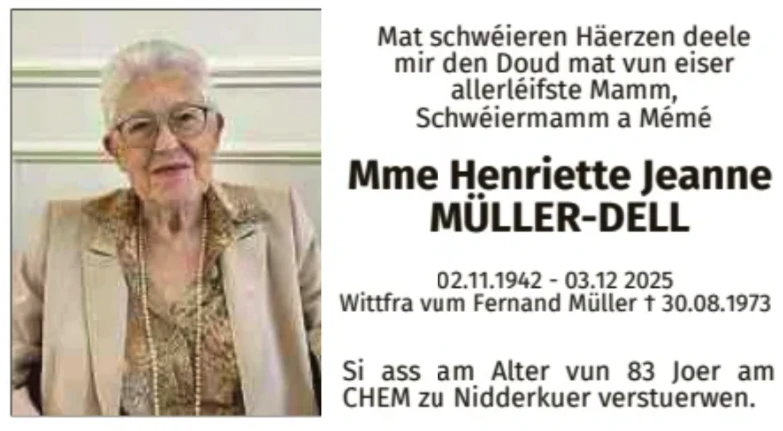 Traueranzeige für Henriette Jeanne Müller-Dell